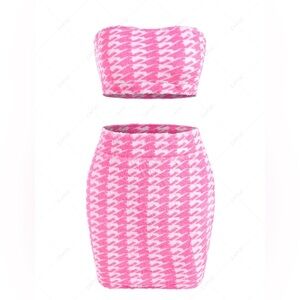 NEW Houndstooth Plush Strapless Bodycon Skirt Set Light Pink